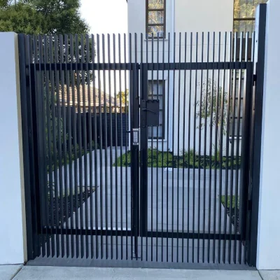 Black Powder Coated Blade Fence Gate Application