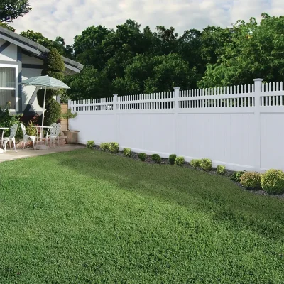 Straight Picket Top White Vinyl Privacy Fence in Yard