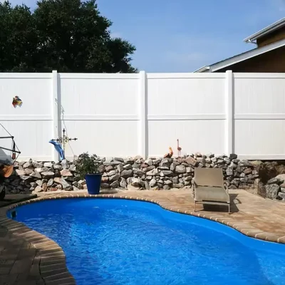 7ft Tall 3 Rails White Vinyl Privacy Fence near pool